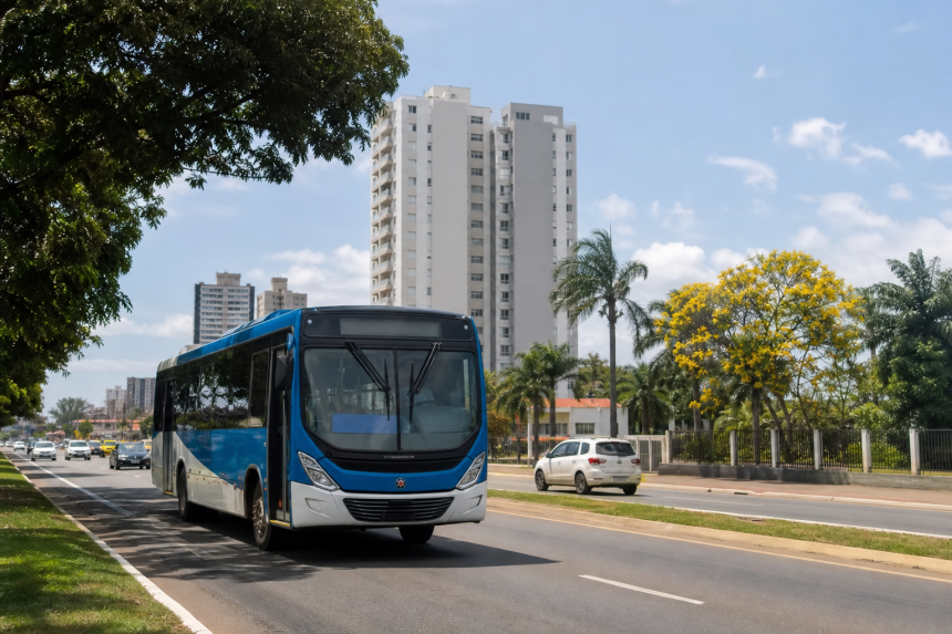 Ônibus do transporte coletivo circulando por avenida de Porto Velho durante o dia, sem textos, placas ou logotipos legíveis