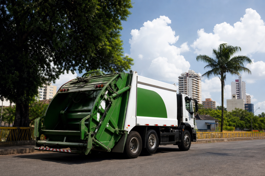 Vista conceitual de operação de coleta e gestão de resíduos urbanos em Porto Velho, com paisagem amazônica ao fundo