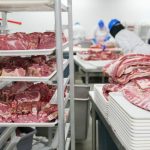 Trabalhadores usando equipamentos de proteção manipulam cortes de carne em uma unidade de processamento de alimentos.