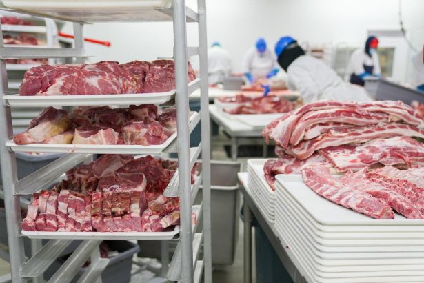 Trabalhadores usando equipamentos de proteção manipulam cortes de carne em uma unidade de processamento de alimentos.